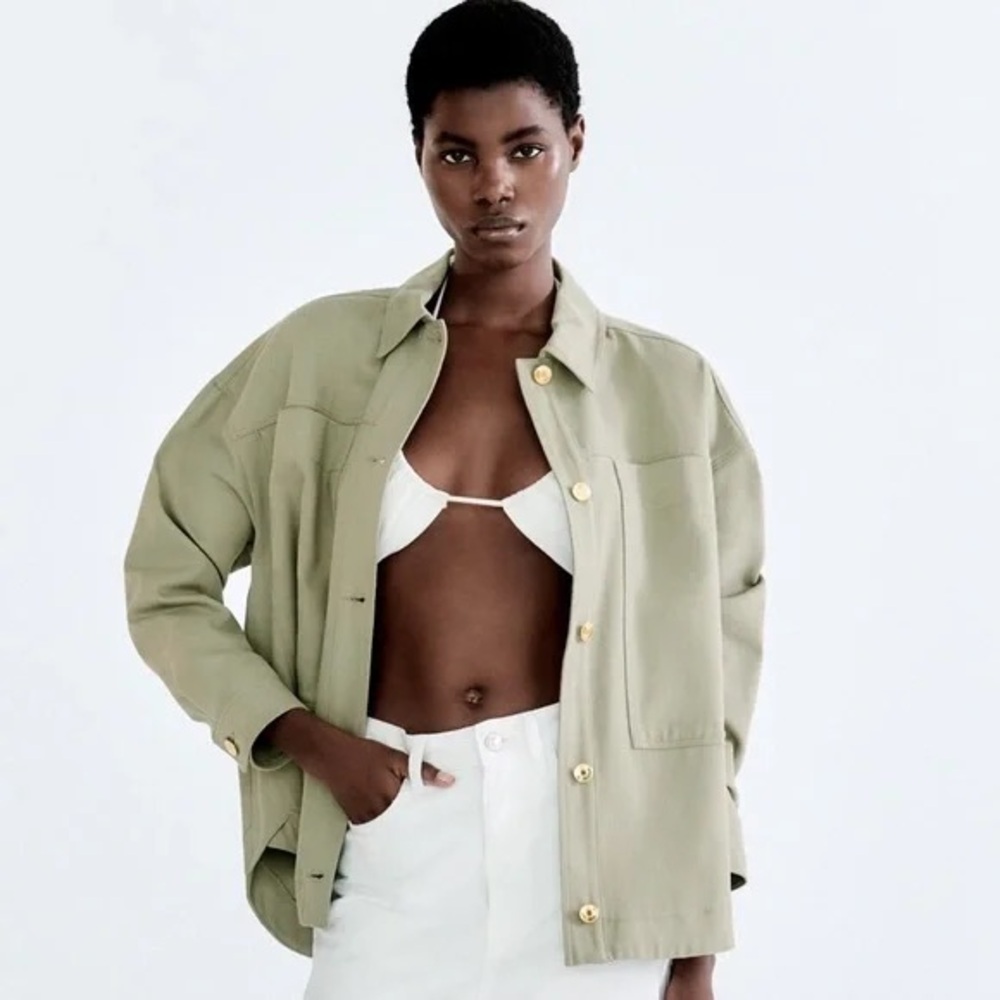 ZARA | Gold Button Overshirt — Khaki